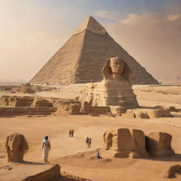 A vibrant panoramic artwork showcasing the iconic Pyramids of Giza with the Sphinx and a majestic statue of Pharaoh Ramses II; citizens of ancient Egypt in traditional attire are seen worshipping the Pharaoh under the radiant Egyptian sun amid the desert landscape.