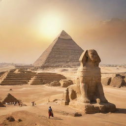 A vibrant panoramic artwork showcasing the iconic Pyramids of Giza with the Sphinx and a majestic statue of Pharaoh Ramses II; citizens of ancient Egypt in traditional attire are seen worshipping the Pharaoh under the radiant Egyptian sun amid the desert landscape.