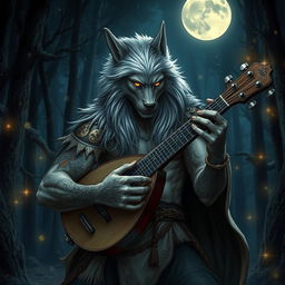 A striking bard werewolf, merging human and wolf characteristics, elegantly strumming a lute under a full moon in a dark enchanted forest