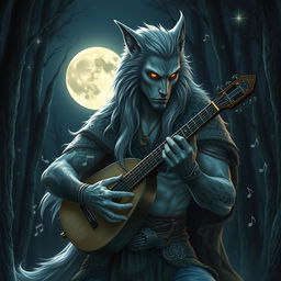 A striking bard werewolf, merging human and wolf characteristics, elegantly strumming a lute under a full moon in a dark enchanted forest