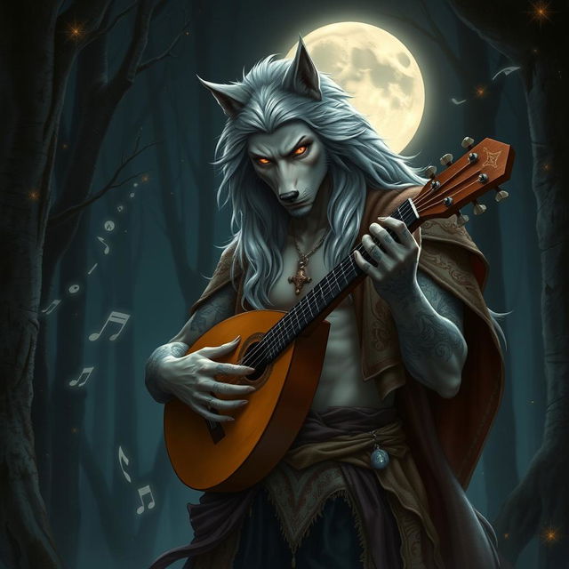 A striking bard werewolf, merging human and wolf characteristics, elegantly strumming a lute under a full moon in a dark enchanted forest