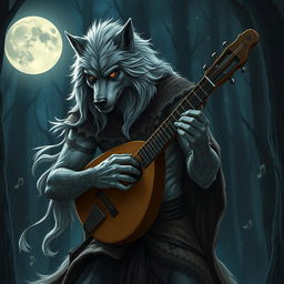 A striking bard werewolf, merging human and wolf characteristics, elegantly strumming a lute under a full moon in a dark enchanted forest