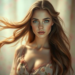 A beautiful portrait of a woman with long flowing hair, soft glowing skin, and piercing green eyes