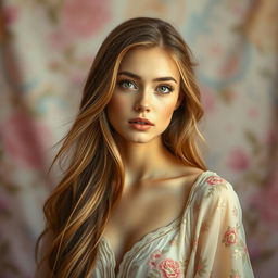A beautiful portrait of a woman with long flowing hair, soft glowing skin, and piercing green eyes