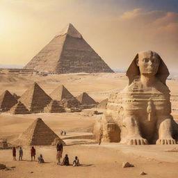 A vibrant panoramic artwork showcasing the iconic Pyramids of Giza with the Sphinx and a majestic statue of Pharaoh Ramses II; citizens of ancient Egypt in traditional attire are seen worshipping the Pharaoh under the radiant Egyptian sun amid the desert landscape.