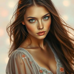 A beautiful portrait of a woman with long flowing hair, soft glowing skin, and piercing green eyes