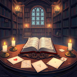 An anime-style illustration of a dimly lit library interior with a whimsical atmosphere