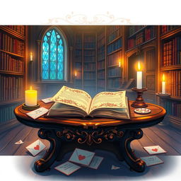 An anime-style illustration of a dimly lit library interior with a whimsical atmosphere