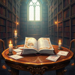 An anime-style illustration of a dimly lit library interior with a whimsical atmosphere