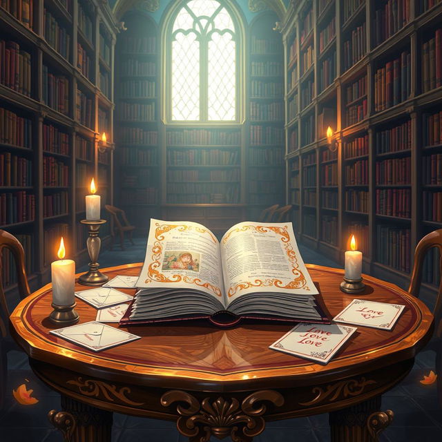 An anime-style illustration of a dimly lit library interior with a whimsical atmosphere