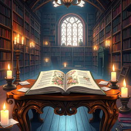 An anime-style illustration of a dimly lit library interior with a whimsical atmosphere