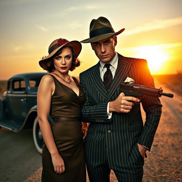 A dynamic and dramatic scene depicting Bonnie and Clyde, the infamous outlaw couple, in their classic 1930s attire