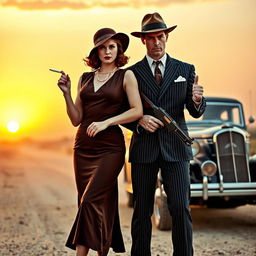 A dynamic and dramatic scene depicting Bonnie and Clyde, the infamous outlaw couple, in their classic 1930s attire