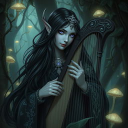 A captivating drow bard with long, flowing black hair, elegantly playing a harp in a lush, dark forest