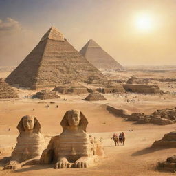 A vibrant panoramic artwork showcasing the iconic Pyramids of Giza with the Sphinx and a majestic statue of Pharaoh Ramses II; citizens of ancient Egypt in traditional attire are seen worshipping the Pharaoh under the radiant Egyptian sun amid the desert landscape.