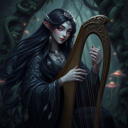 A captivating drow bard with long, flowing black hair, elegantly playing a harp in a lush, dark forest