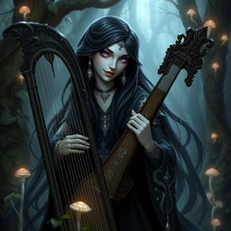 A captivating drow bard with long, flowing black hair, elegantly playing a harp in a lush, dark forest