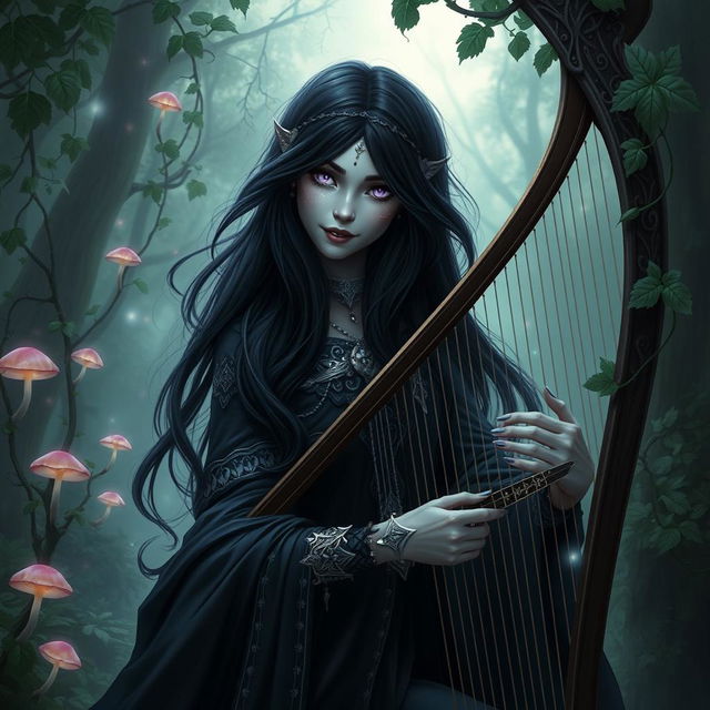 A captivating drow bard with long, flowing black hair, elegantly playing a harp in a lush, dark forest