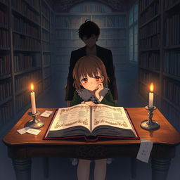 An anime-style illustration depicting a dimly lit library scene