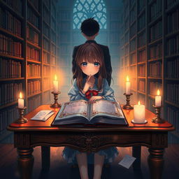 An anime-style illustration depicting a dimly lit library scene