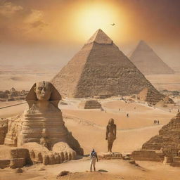 A vibrant panoramic artwork showcasing the iconic Pyramids of Giza with the Sphinx and a majestic statue of Pharaoh Ramses II; citizens of ancient Egypt in traditional attire are seen worshipping the Pharaoh under the radiant Egyptian sun amid the desert landscape.