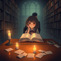 An anime-style illustration depicting a dimly lit library scene
