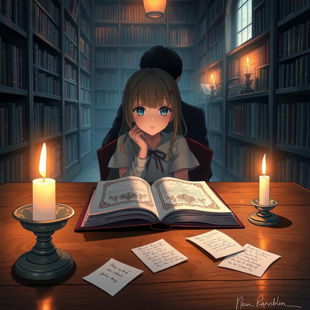 An anime-style illustration depicting a dimly lit library scene