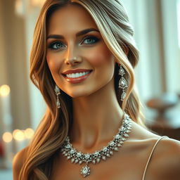 A highly detailed and realistic portrait of a beautiful woman adorned with exquisite jewelry, showcasing a sparkling necklace and elegant earrings that catch the light