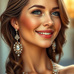 A highly detailed and realistic portrait of a beautiful woman adorned with exquisite jewelry, showcasing a sparkling necklace and elegant earrings that catch the light