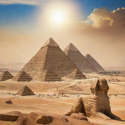 A vibrant panoramic artwork showcasing the iconic Pyramids of Giza with the Sphinx and a majestic statue of Pharaoh Ramses II; citizens of ancient Egypt in traditional attire are seen worshipping the Pharaoh under the radiant Egyptian sun amid the desert landscape.