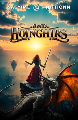 A captivating movie cover featuring an epic fantasy scene, with a heroic woman warrior in glittering armor brandishing a sword, standing on a cliff overlooking a mystical landscape filled with floating islands and a glowing sunset