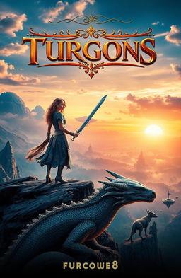 A captivating movie cover featuring an epic fantasy scene, with a heroic woman warrior in glittering armor brandishing a sword, standing on a cliff overlooking a mystical landscape filled with floating islands and a glowing sunset
