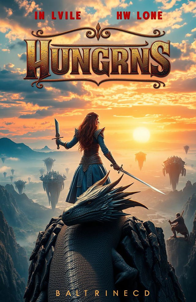 A captivating movie cover featuring an epic fantasy scene, with a heroic woman warrior in glittering armor brandishing a sword, standing on a cliff overlooking a mystical landscape filled with floating islands and a glowing sunset