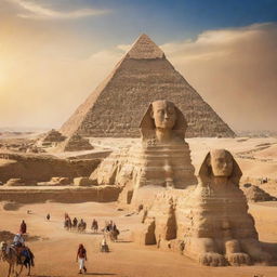 A vibrant panoramic artwork showcasing the iconic Pyramids of Giza with the Sphinx and a majestic statue of Pharaoh Ramses II; citizens of ancient Egypt in traditional attire are seen worshipping the Pharaoh under the radiant Egyptian sun amid the desert landscape.