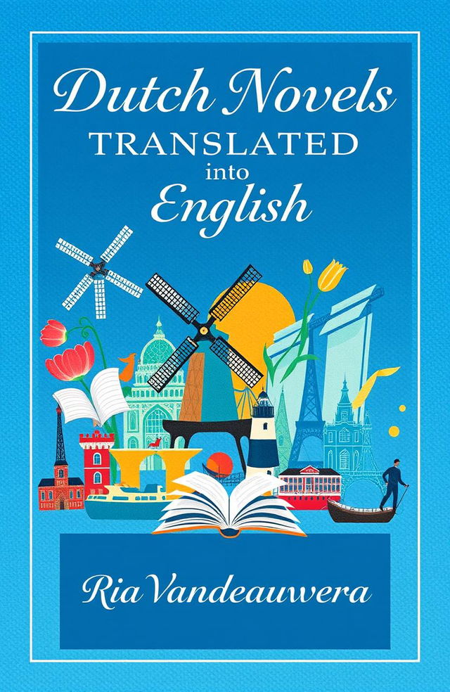 A visually appealing cover for a linguistics book titled 'Dutch Novels Translated into English' by Ria Vanderauwera