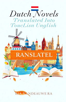 A visually appealing cover for a linguistics book titled 'Dutch Novels Translated into English' by Ria Vanderauwera