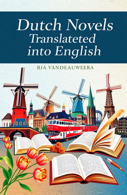 A visually appealing cover for a linguistics book titled 'Dutch Novels Translated into English' by Ria Vanderauwera
