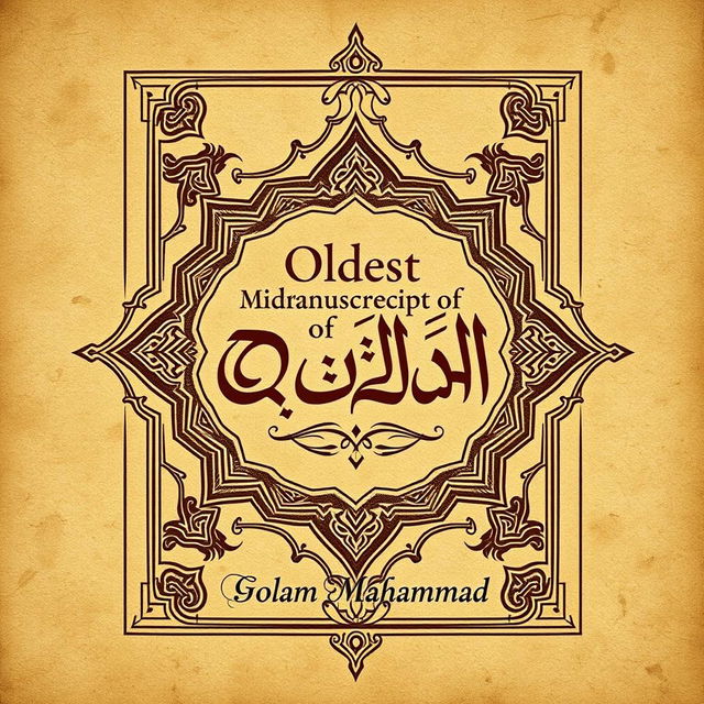 Create an expansive image of a book cover titled 'Oldest Manuscript of Quran' by Golam Mahammad