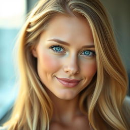 A realistic portrait of a woman with long, flowing blonde hair, her expression serene and captivating