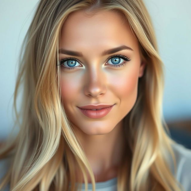 A realistic portrait of a woman with long, flowing blonde hair, her expression serene and captivating