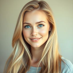 A realistic portrait of a woman with long, flowing blonde hair, her expression serene and captivating