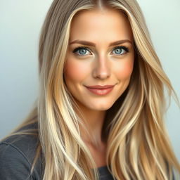 A realistic portrait of a woman with long, flowing blonde hair, her expression serene and captivating