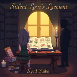 A cartoon-style illustration of a cozy, dimly lit library scene
