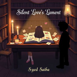 A cartoon-style illustration of a cozy, dimly lit library scene
