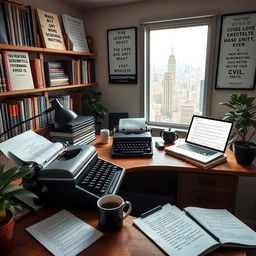 A beautifully arranged creative workspace filled with screenwriting materials