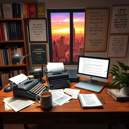 A beautifully arranged creative workspace filled with screenwriting materials
