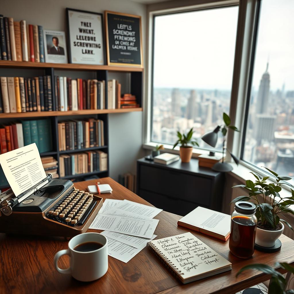 A beautifully arranged creative workspace filled with screenwriting materials