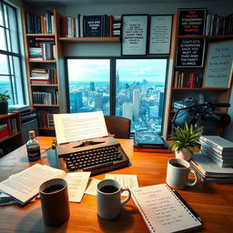 A beautifully arranged creative workspace filled with screenwriting materials