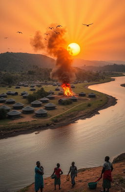 Aerial view of three African villages separated by a river, with huge banks flowing north towards a hill where it forms a junction with another village behind the hill