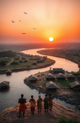 Aerial view of three African villages separated by a river, with huge banks flowing north towards a hill where it forms a junction with another village behind the hill